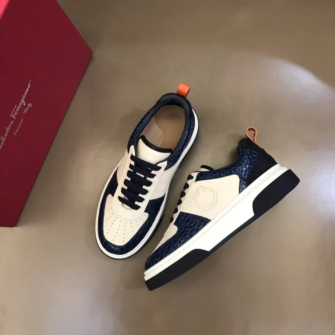 p420 "Salvatore Ferraga**" men's low-cut fashion sneakers. This casual shoe has a novel structure and is made of soft calfskin. The contrasting color elements on the upper highlight the bold and avant-garde atmosphere. The first-layer cowhide lining is high-end and comfortable. Energetic and fresh, these shoes can be worn with casual looks or add a touch of street style to elegant trousers.  Size: 38-44